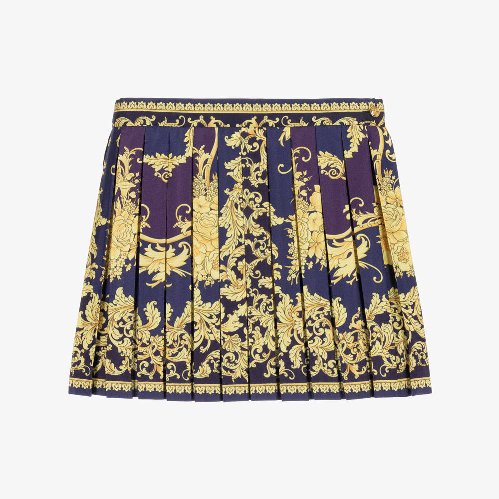 Versace-Girls Navy & Gold Barocco Silk Skirt | Childrensalon