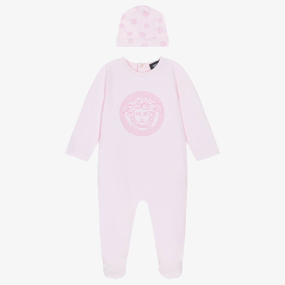 Versace-Girls Pale Pink Babygrow Gift Set with Medusa Logo | Childrensalon