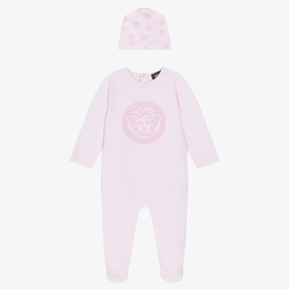Versace-Girls Pale Pink Babygrow Gift Set with Medusa Logo | Childrensalon