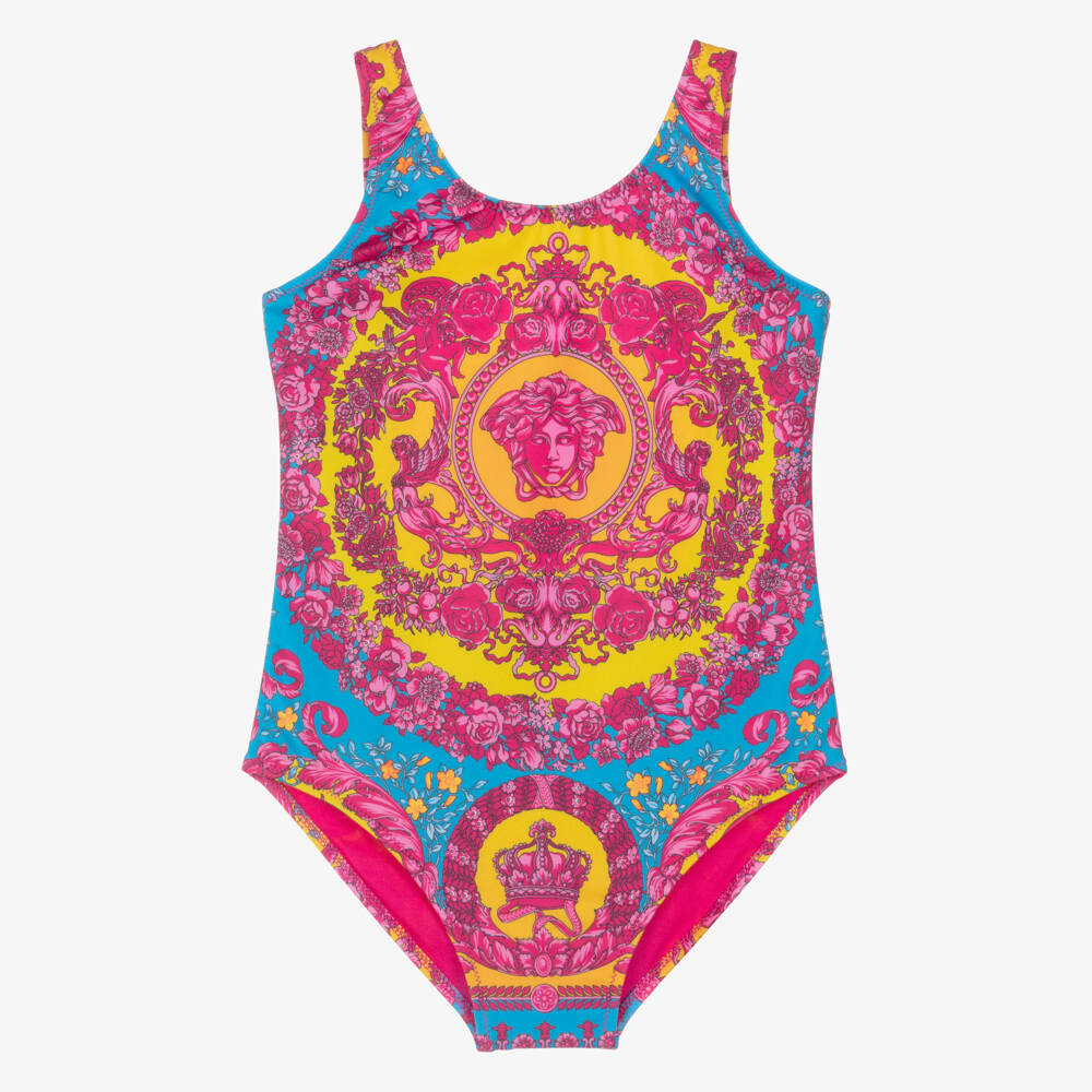 Versace-Girls Pink & Blue Electric Barocco Print Swimsuit | Childrensalon