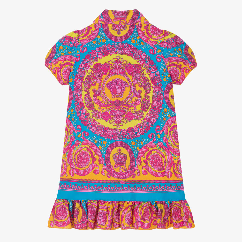 Versace-Girls Pink & Blue Silk Dress with Barocco Print | Childrensalon
