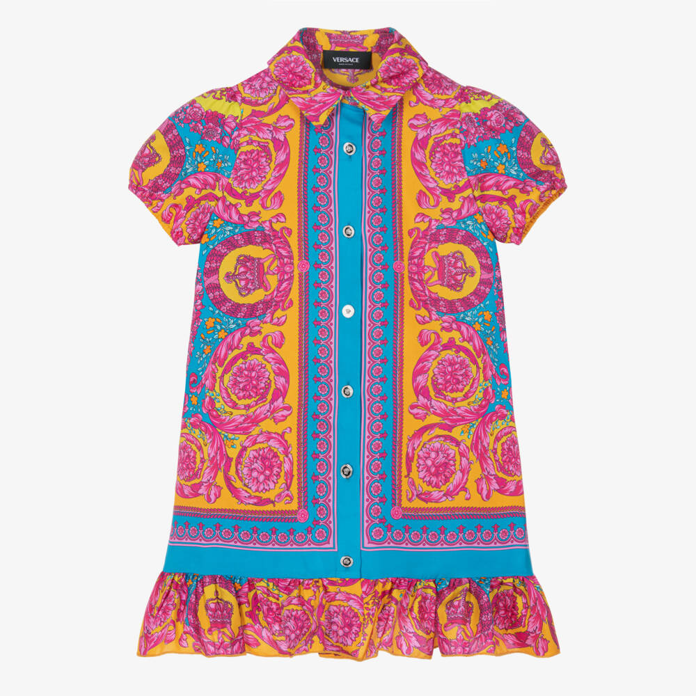 Versace-Girls Pink & Blue Silk Dress with Barocco Print | Childrensalon