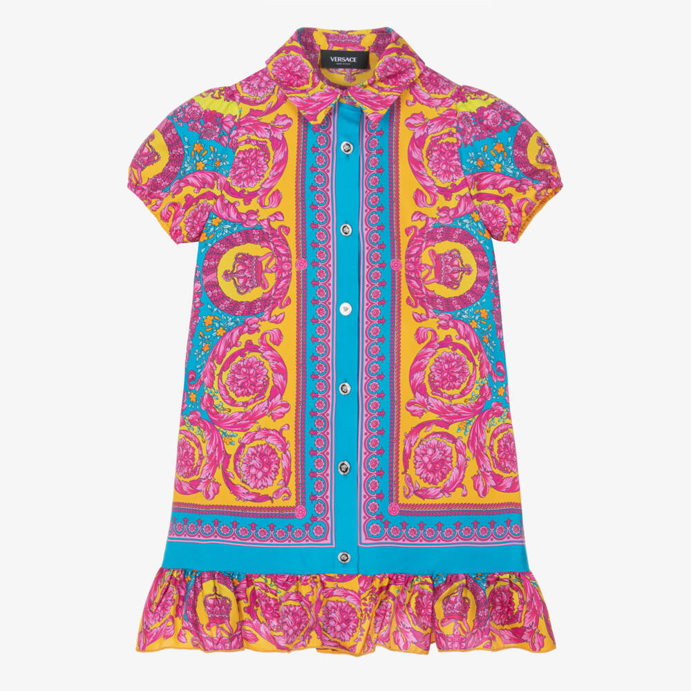 Versace-Girls Pink & Blue Silk Dress with Barocco Print | Childrensalon