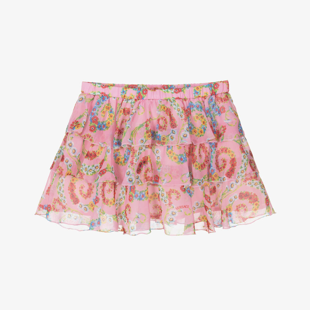 Versace-Girls Pink Chiffon Barocco Flowers Skirt | Childrensalon
