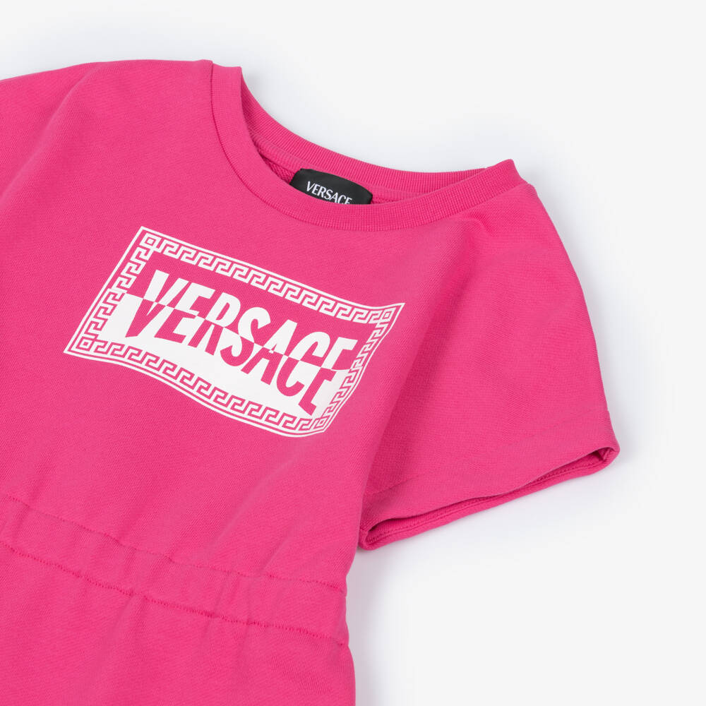Versace-Girls Pink Cotton Jersey Dress with Contrast Logo | Childrensalon