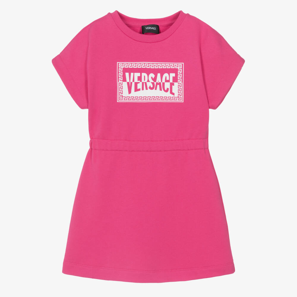 Versace-Girls Pink Cotton Jersey Dress with Contrast Logo | Childrensalon