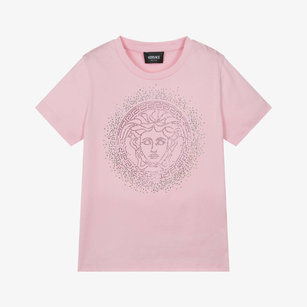 Versace-Girls Pink Cotton Jersey with Rhinestone Medusa Logo | Childrensalon