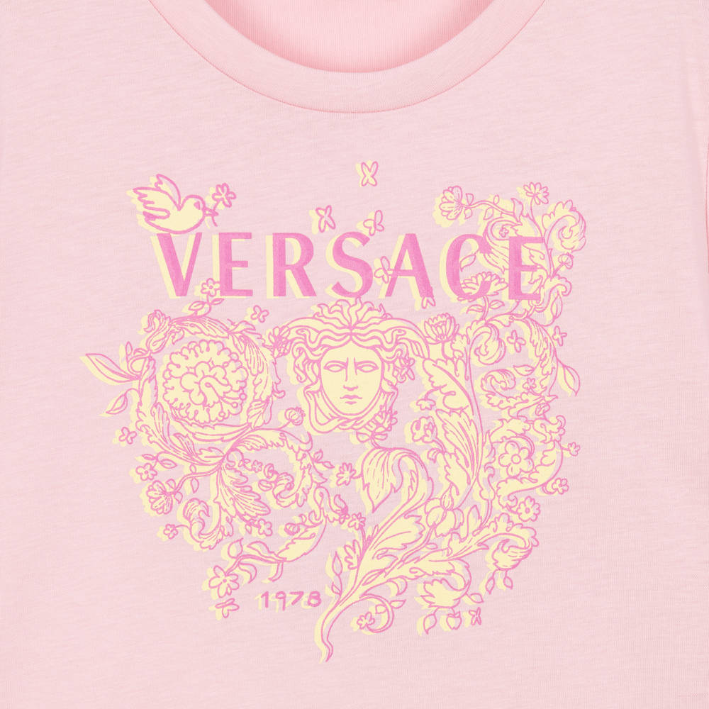 Versace-Girls Pink Cotton T-Shirt with Baroque Floral Print | Childrensalon