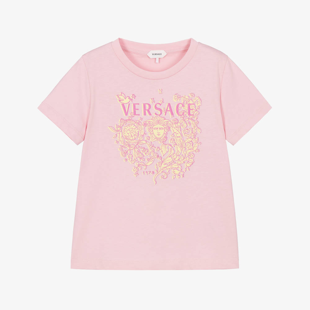 Versace-Girls Pink Cotton T-Shirt with Baroque Floral Print | Childrensalon