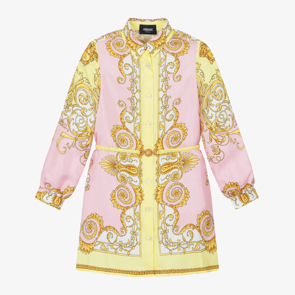 Versace-Girls Pink & Gold Barocco Silk Shirt Dress | Childrensalon