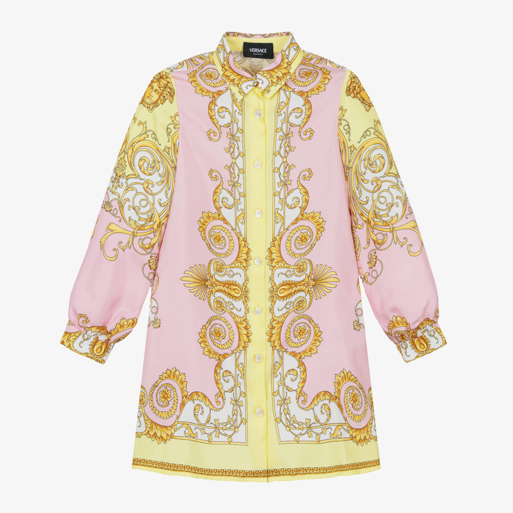 Versace-Girls Pink & Gold Barocco Silk Shirt Dress | Childrensalon