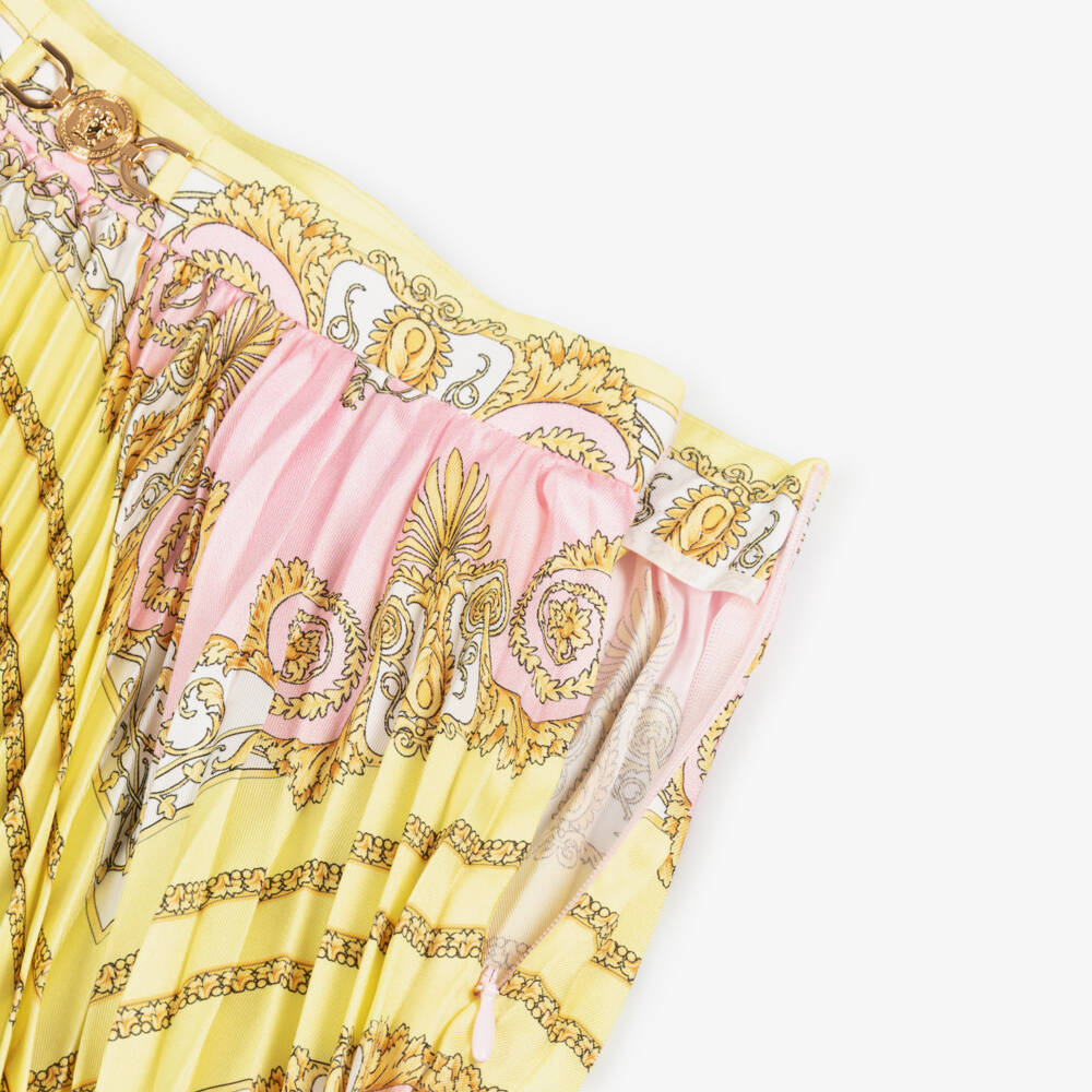 Versace-Girls Pink & Gold Pleated Barocco Skirt with Medusa 95 Hardware | Childrensalon