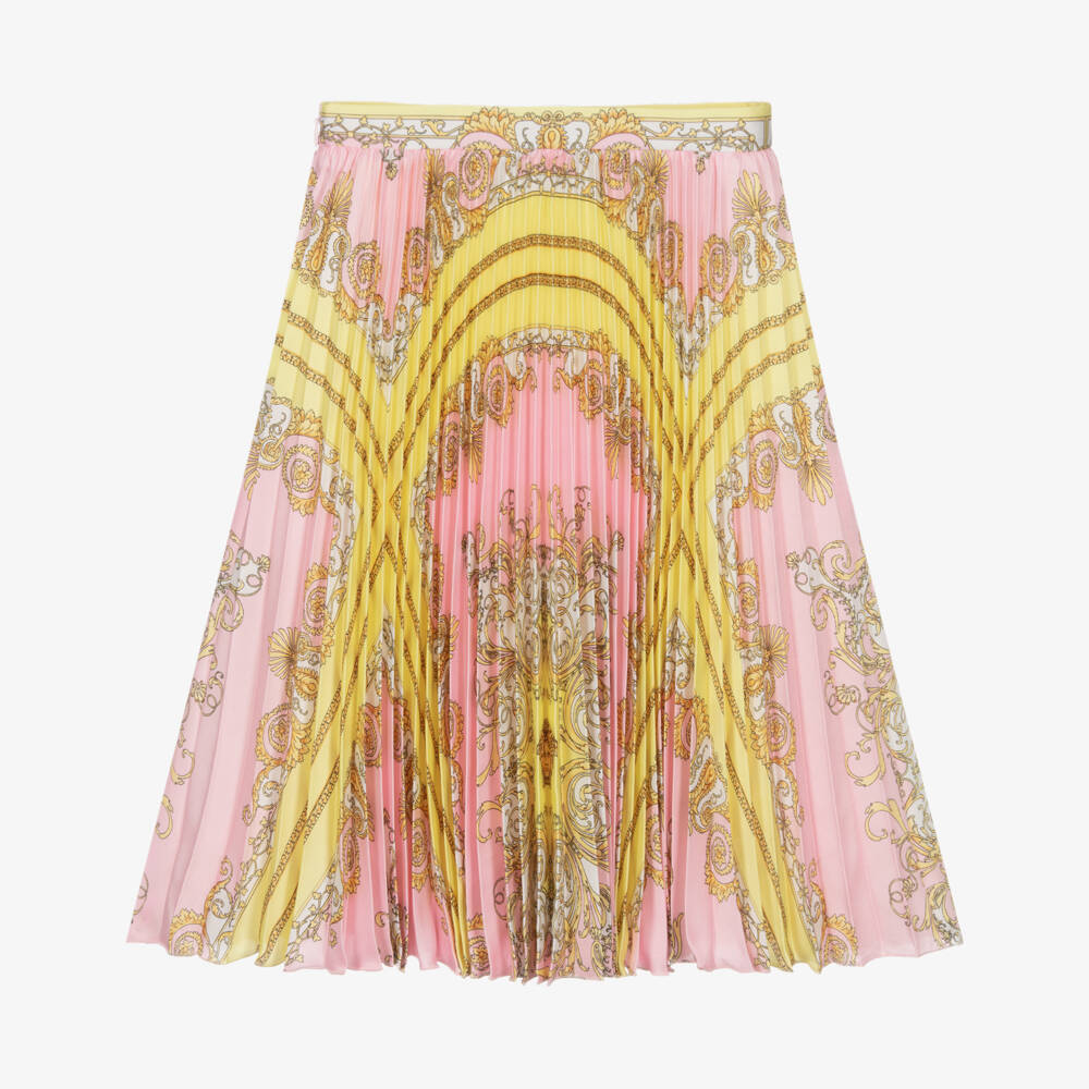 Versace-Girls Pink & Gold Pleated Barocco Skirt with Medusa 95 Hardware | Childrensalon