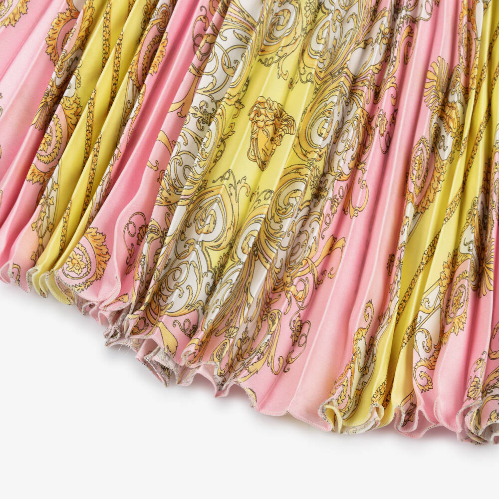 Versace-Girls Pink & Gold Pleated Barocco Skirt with Medusa 95 Hardware | Childrensalon