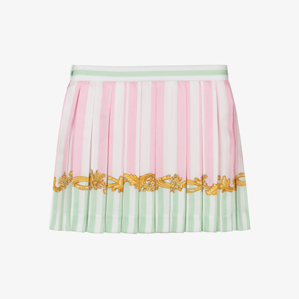 Versace-Girls Pink & Green Barocco Leaf Pinstripe Pleated Skirt | Childrensalon