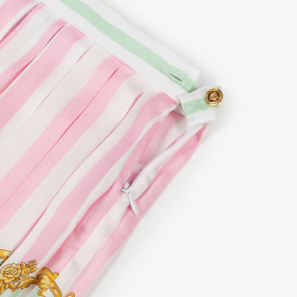 Versace-Girls Pink & Green Barocco Leaf Pinstripe Pleated Skirt | Childrensalon