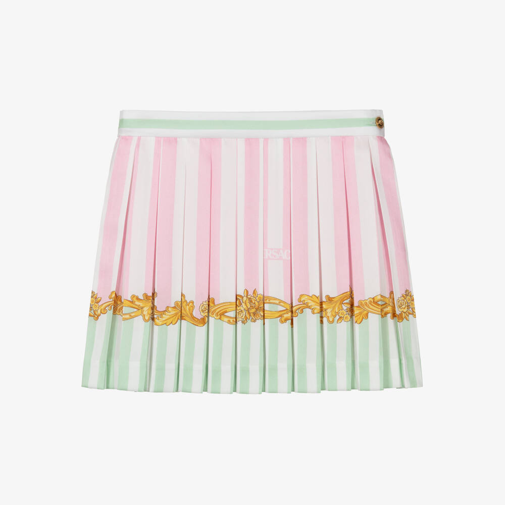 Versace-Girls Pink & Green Barocco Leaf Pinstripe Pleated Skirt | Childrensalon