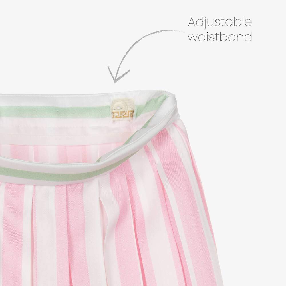 Versace-Girls Pink & Green Barocco Leaf Pinstripe Pleated Skirt | Childrensalon
