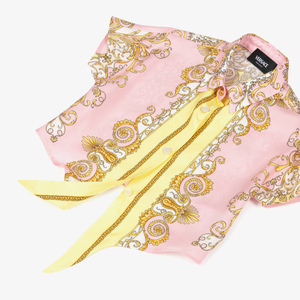 Versace-Girls Pink & Yellow Silk Blouse with Gold Barocco Print | Childrensalon