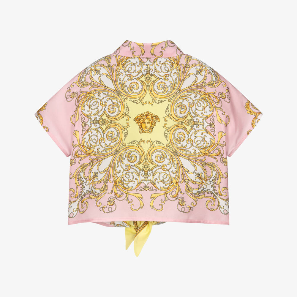Versace-Girls Pink & Yellow Silk Blouse with Gold Barocco Print | Childrensalon