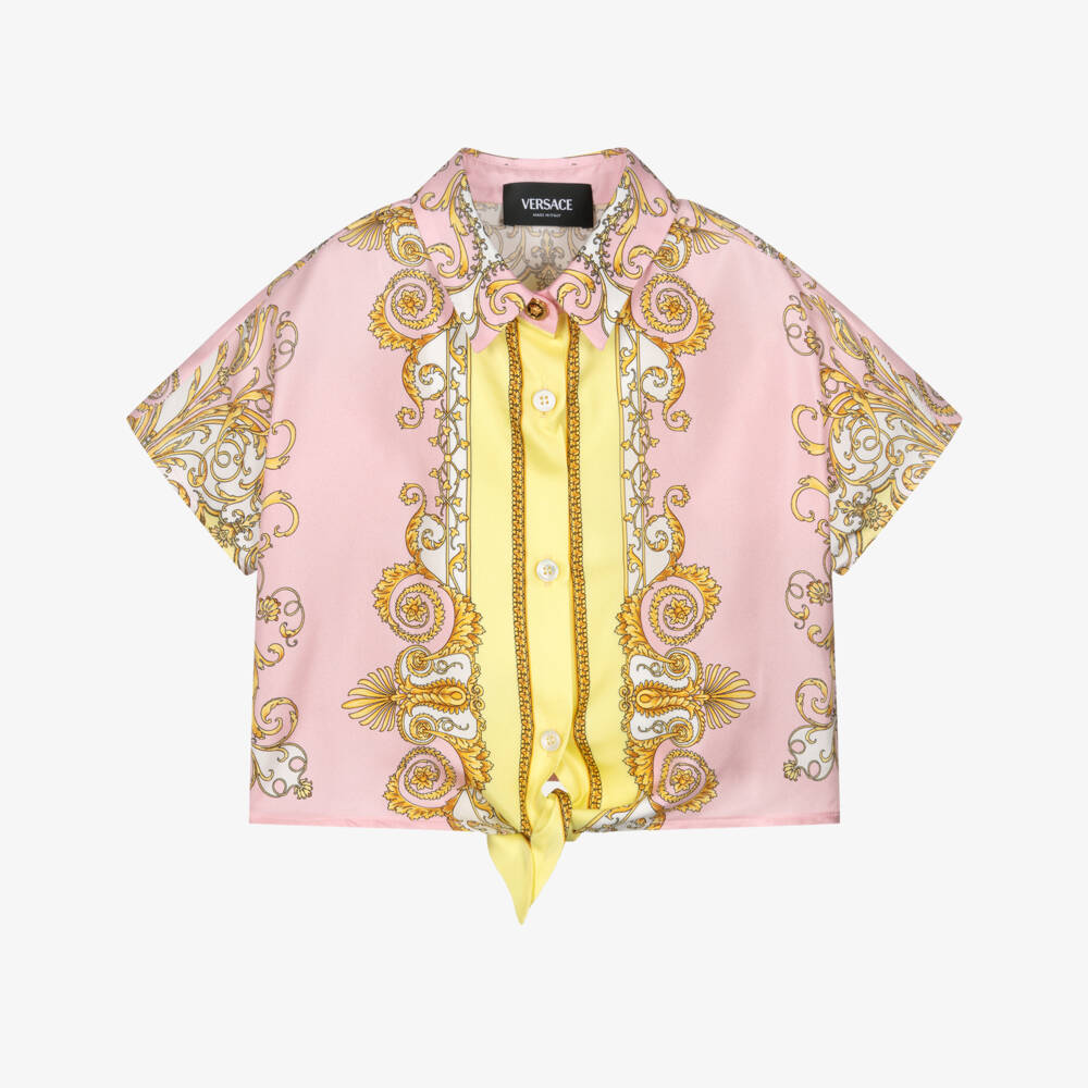 Versace-Girls Pink & Yellow Silk Blouse with Gold Barocco Print | Childrensalon