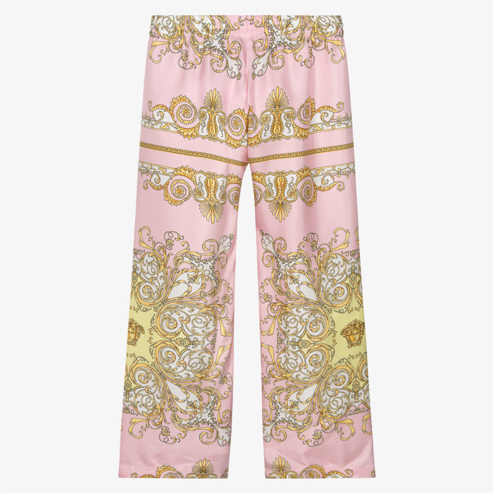 Versace-Girls Pink & Yellow Silk Trousers with Gold Barocco Print | Childrensalon
