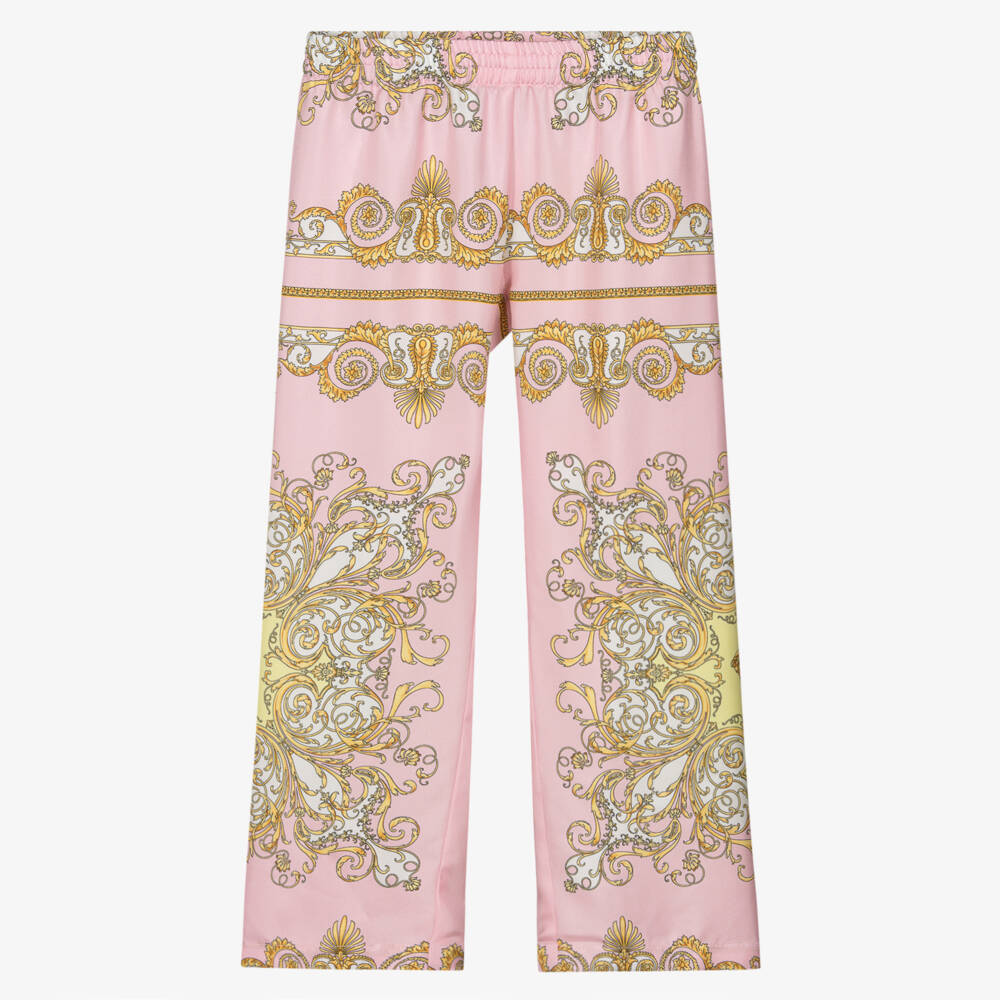 Versace-Girls Pink & Yellow Silk Trousers with Gold Barocco Print | Childrensalon
