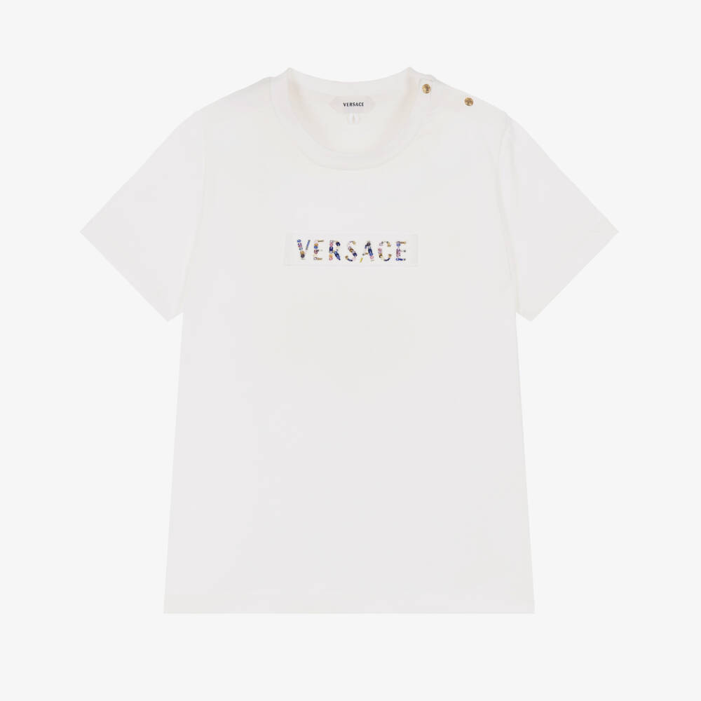 Versace-Girls White Cotton Beaded Logo T-Shirt | Childrensalon