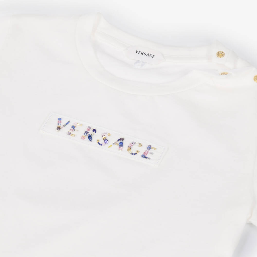 Versace-Girls White Cotton Beaded Logo T-Shirt | Childrensalon