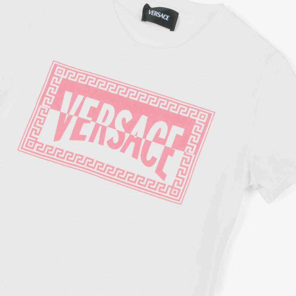 Versace-Girls White Cotton Contrast Logo T-Shirt | Childrensalon