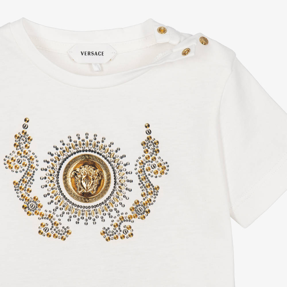 Versace-Girls White Cotton T-Shirt with Gold Medusa Motif | Childrensalon
