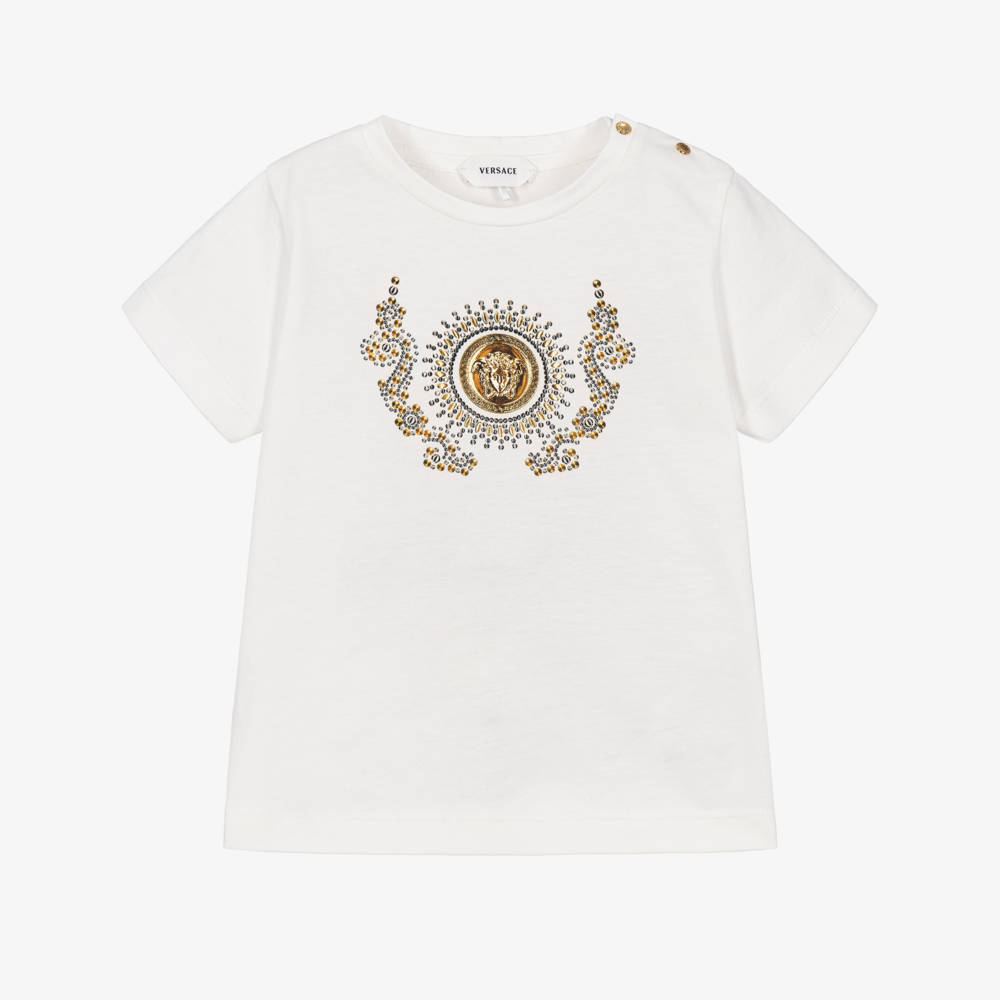 Versace-Girls White Cotton T-Shirt with Gold Medusa Motif | Childrensalon