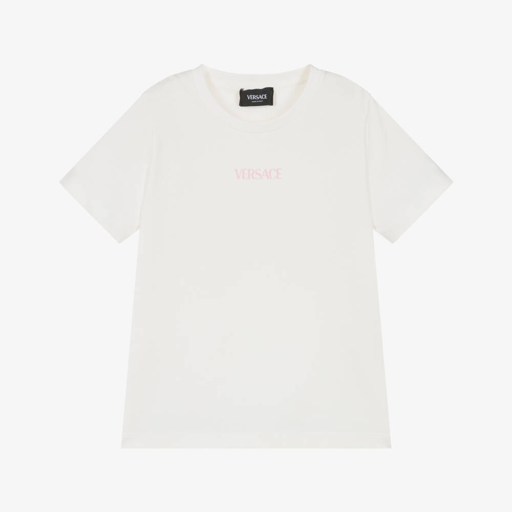 Versace-Girls White Cotton T-Shirt with Pink Barocco Print | Childrensalon