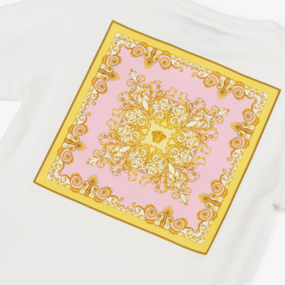 Versace-Girls White Cotton T-Shirt with Pink Barocco Print | Childrensalon