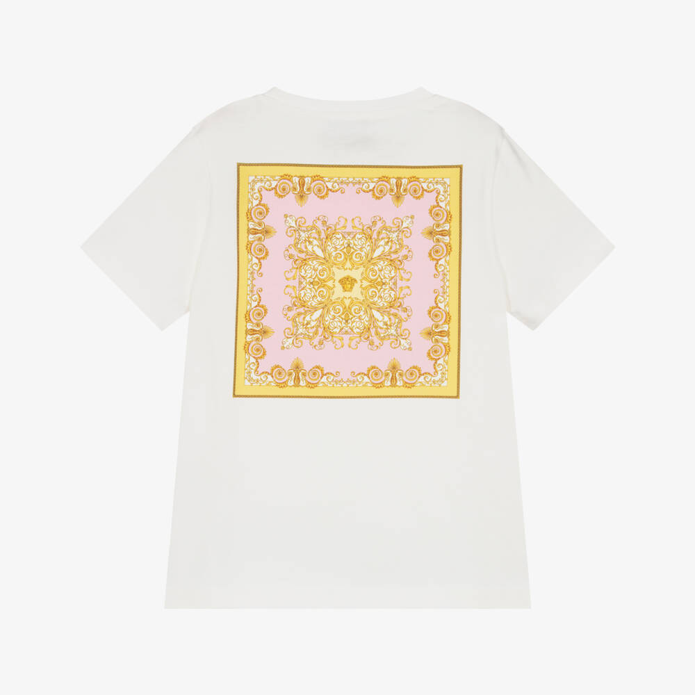 Versace-Girls White Cotton T-Shirt with Pink Barocco Print | Childrensalon