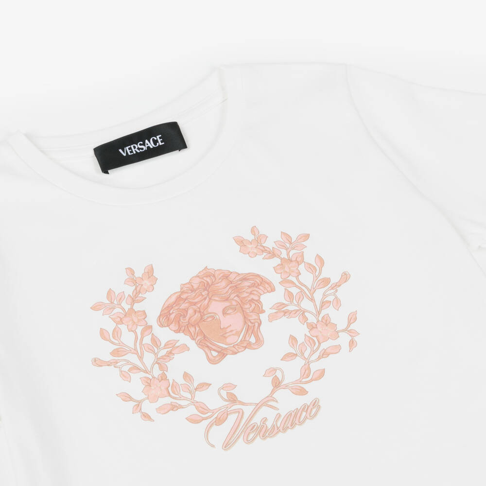 Versace-Girls White Cotton T-Shirt with Pink Medusa Crest Logo | Childrensalon