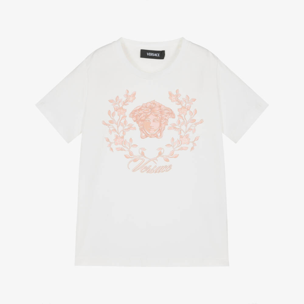 Versace-Girls White Cotton T-Shirt with Pink Medusa Logo | Childrensalon