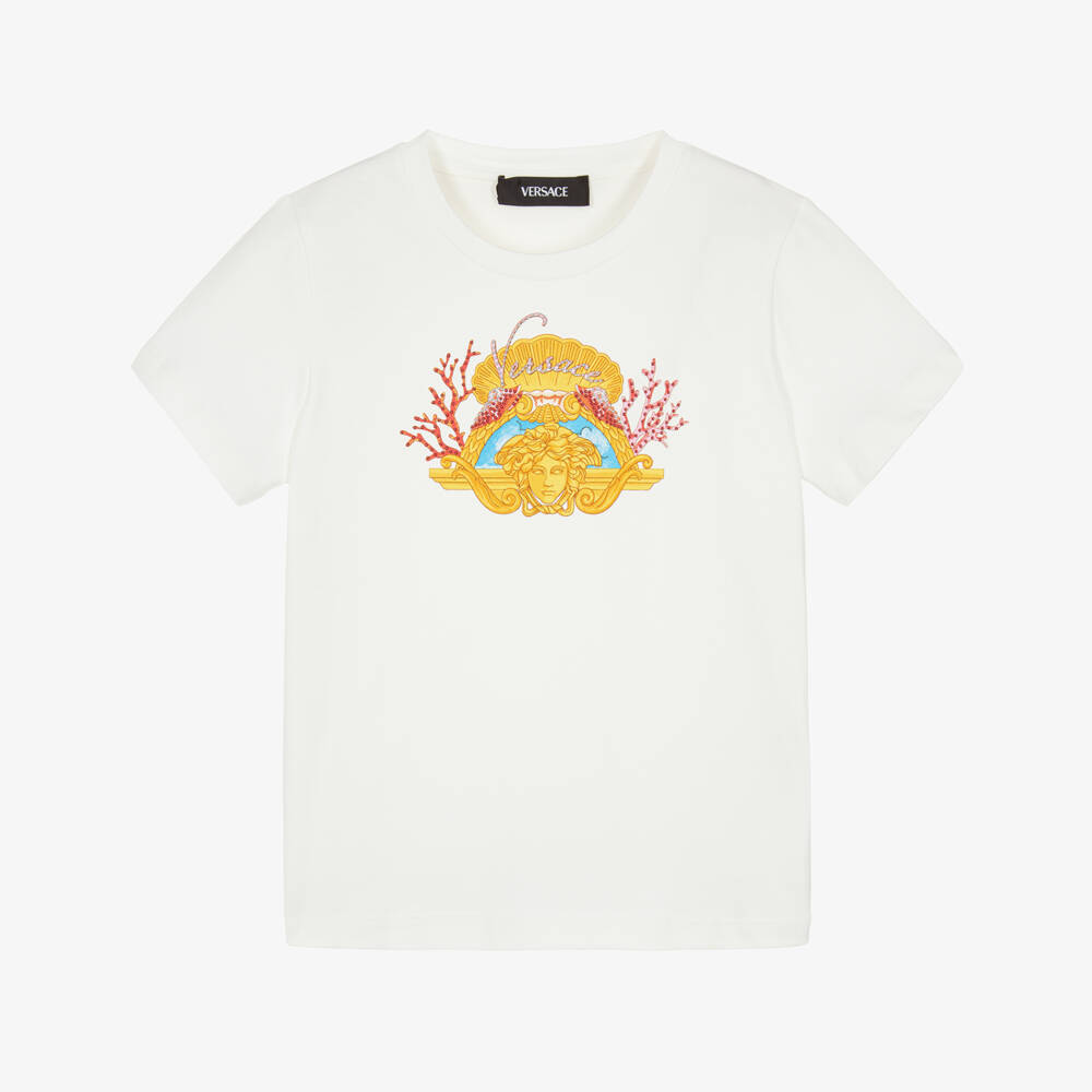 Versace-Girls White Cotton Underwater Barocco Medusa T-Shirt | Childrensalon