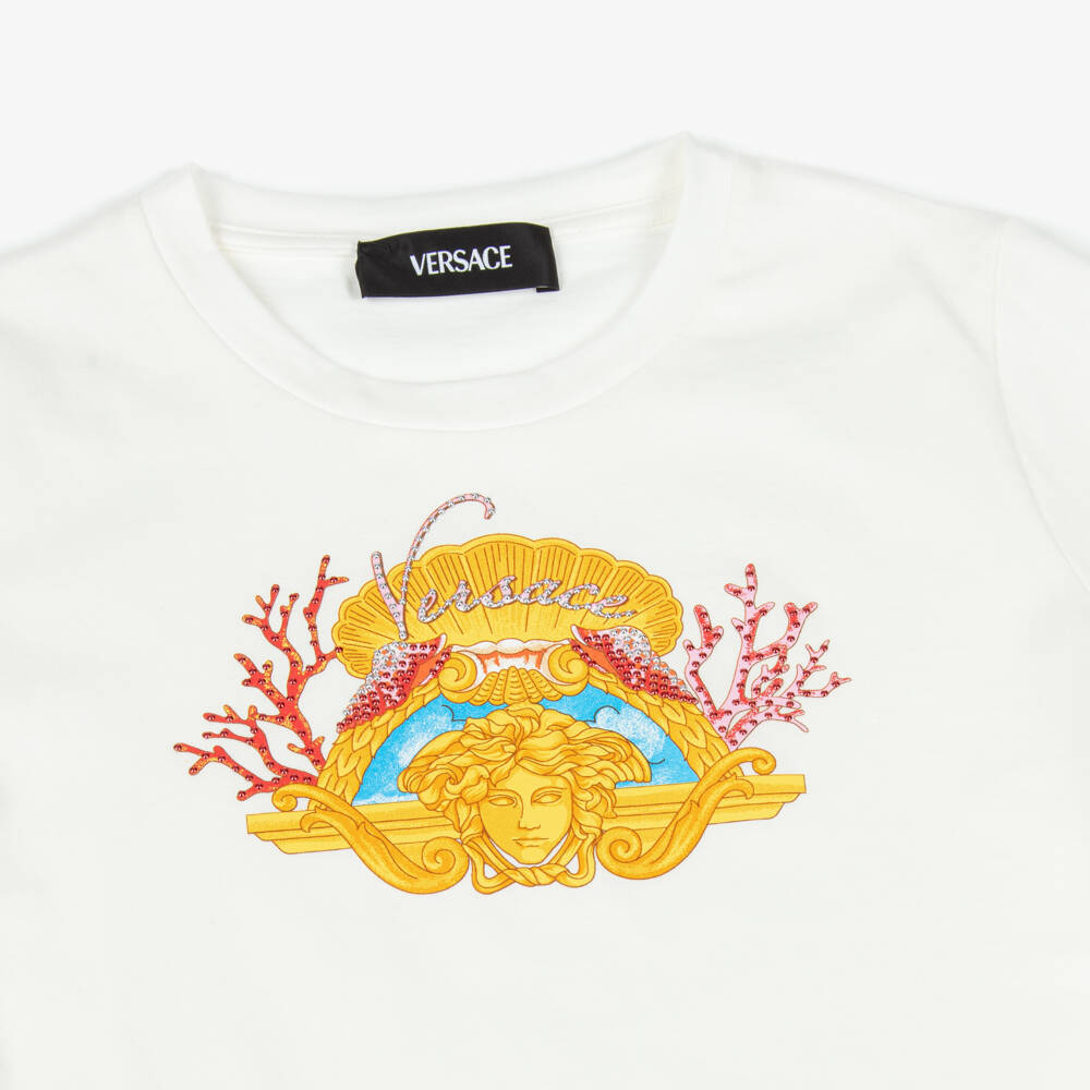 Versace-Girls White Cotton Underwater Barocco Medusa T-Shirt | Childrensalon