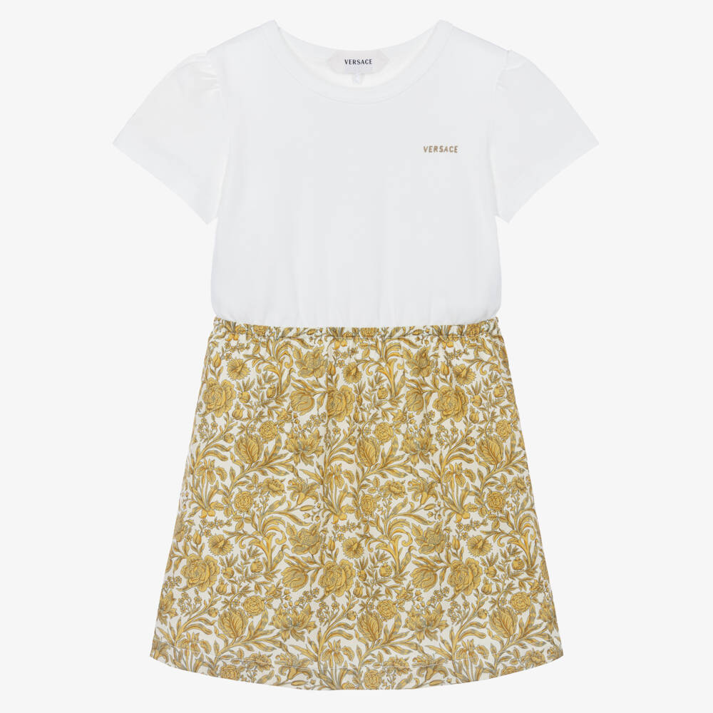 Versace-Girls White & Gold Floral T-Shirt Dress | Childrensalon