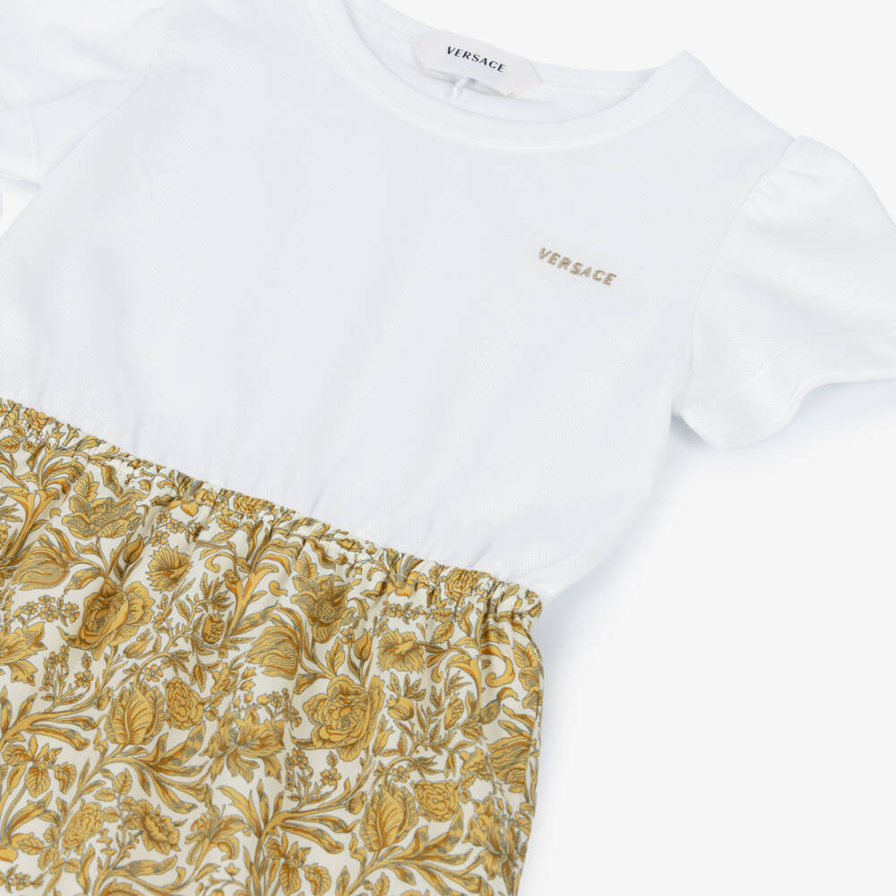 Versace-Girls White & Gold Floral T-Shirt Dress | Childrensalon
