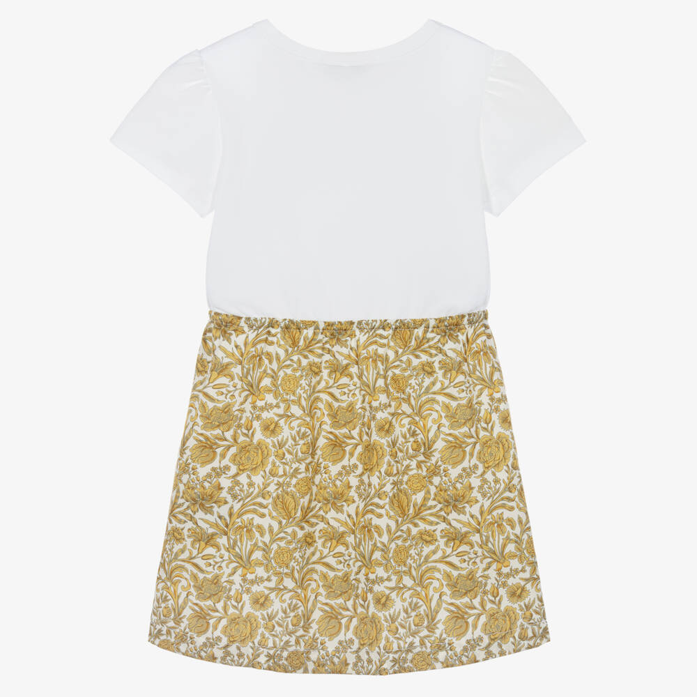 Versace-Girls White & Gold Floral T-Shirt Dress | Childrensalon