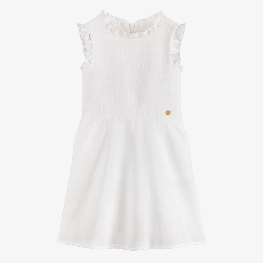 Versace-Girls White Micro Greca Cotton Dress | Childrensalon