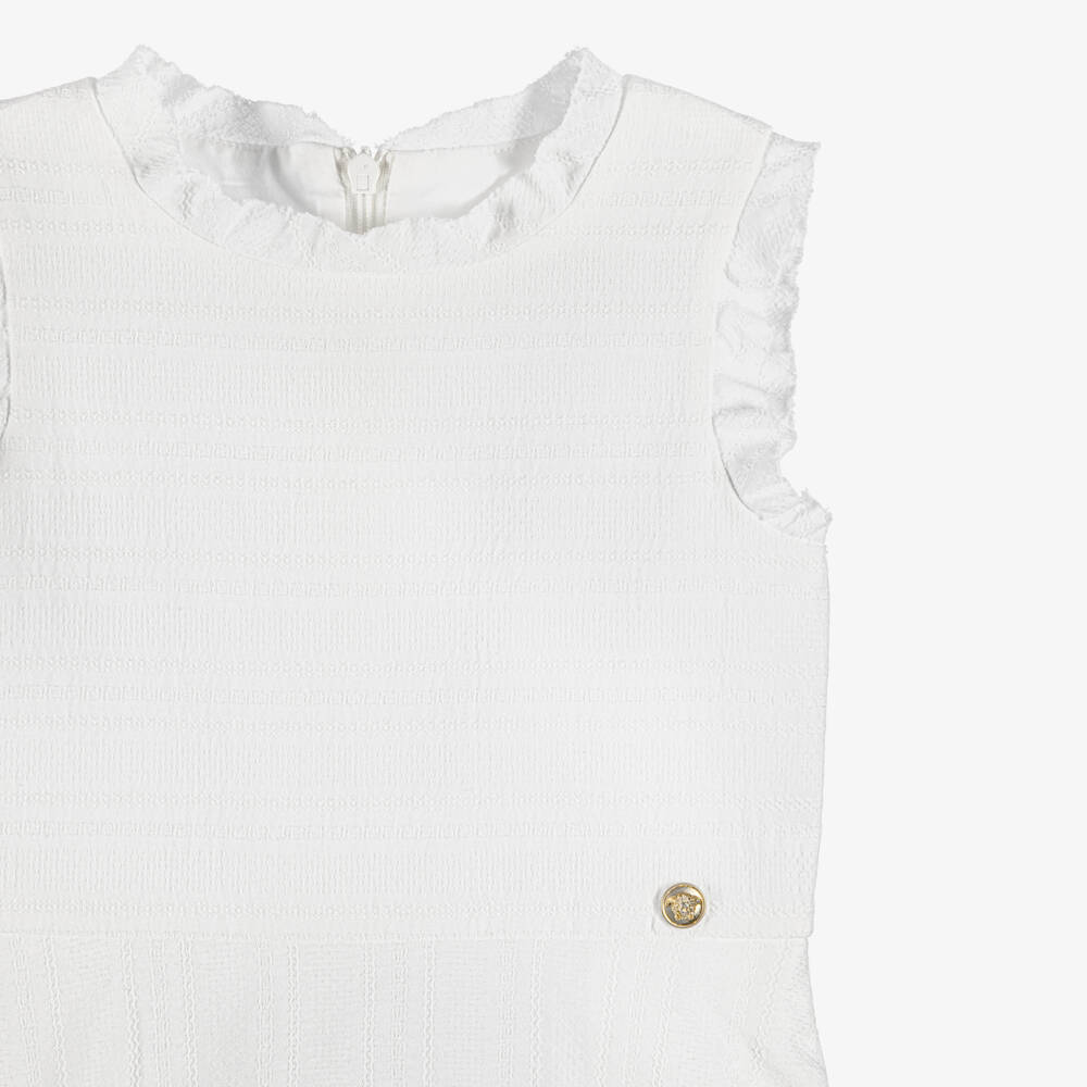 Versace-Girls White Micro Greca Cotton Dress | Childrensalon