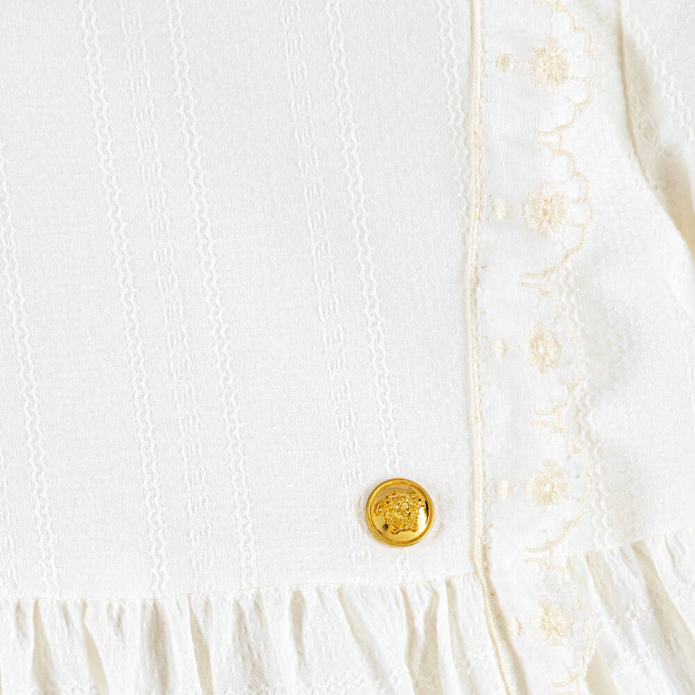 Versace-Girls White Micro Greca Cotton Dress with Lace Trim | Childrensalon