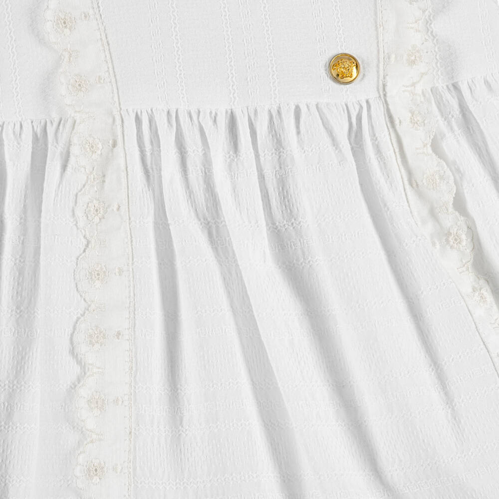 Versace-Girls White Micro Greca Cotton Dress with Lace Trim | Childrensalon
