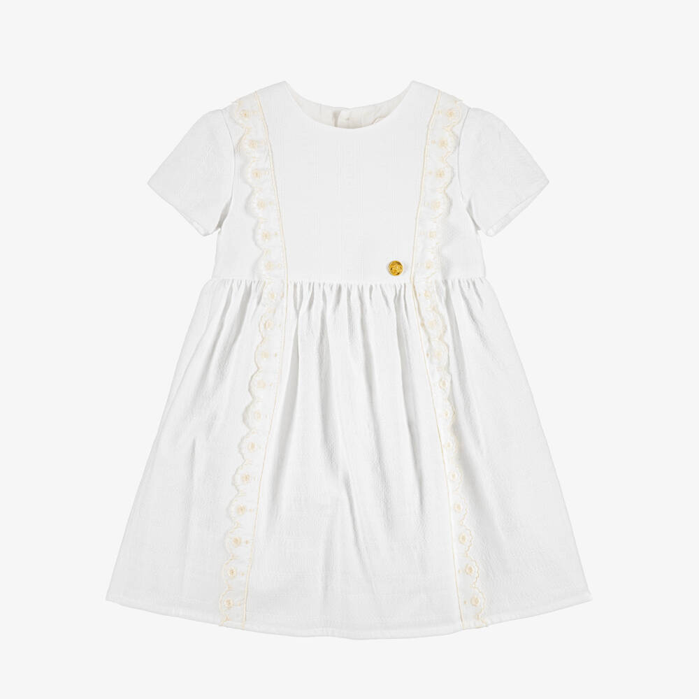 Versace-Girls White Micro Greca Cotton Dress with Lace Trim | Childrensalon