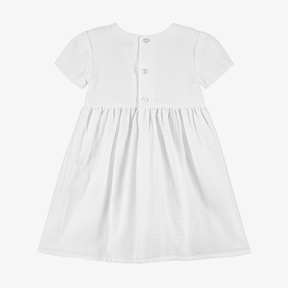 Versace-Girls White Micro Greca Cotton Dress with Lace Trim | Childrensalon