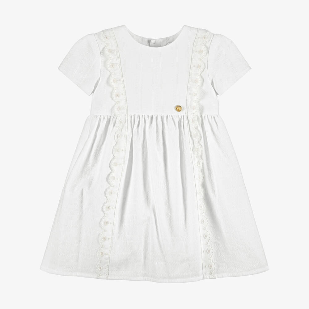 Versace-Girls White Micro Greca Cotton Dress with Lace Trim | Childrensalon