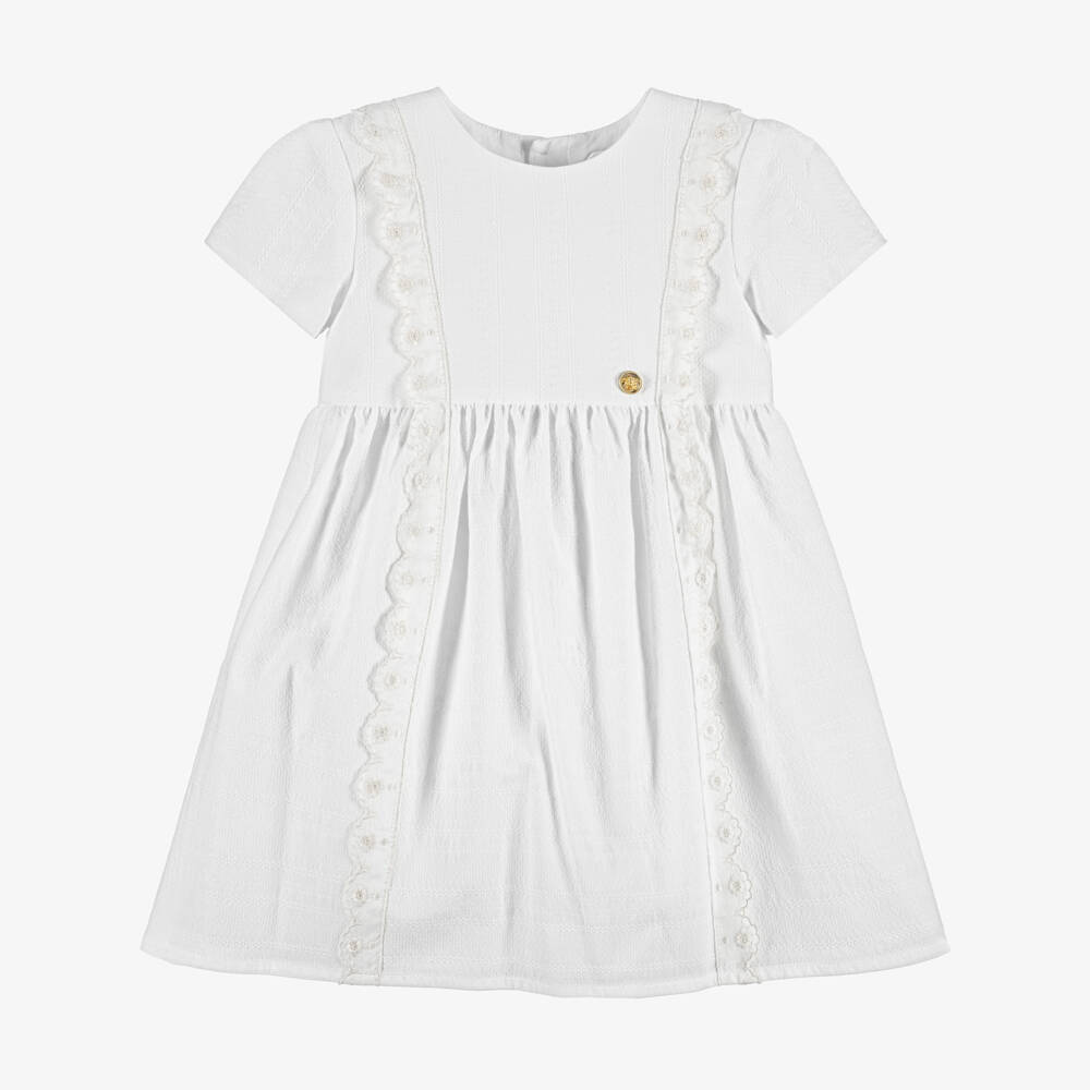 Versace-Girls White Micro Greca Cotton Dress with Lace Trim | Childrensalon